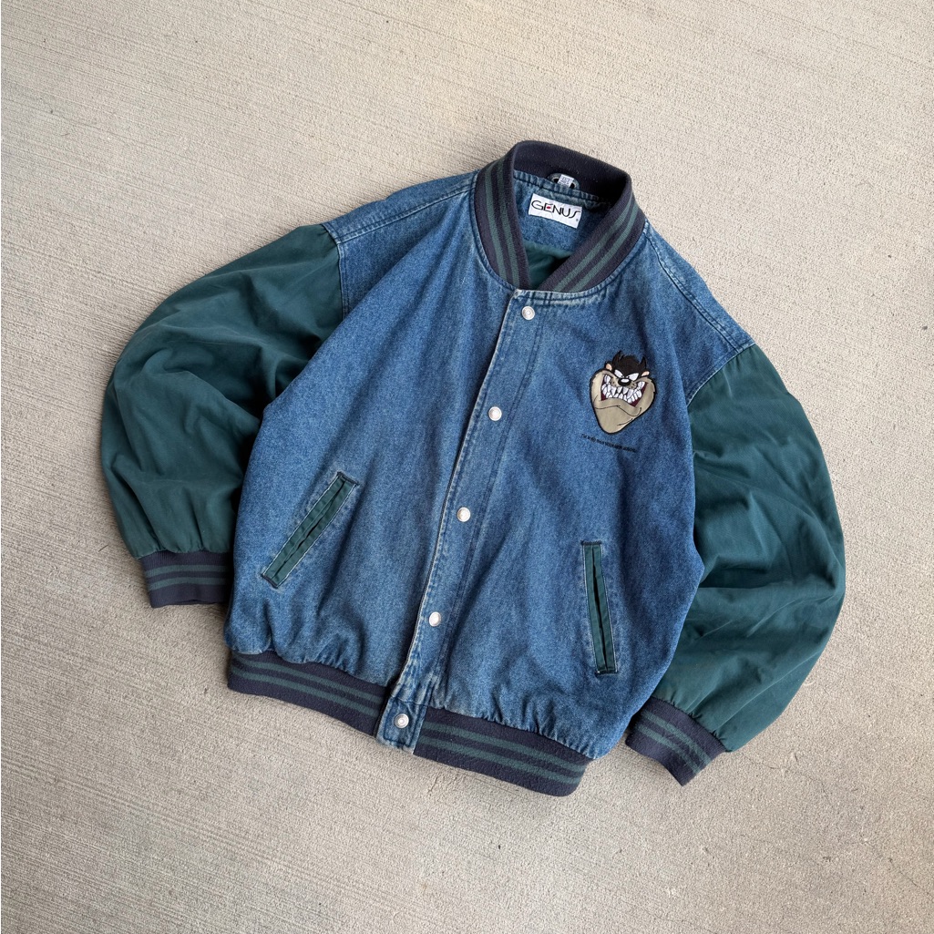 Genius Looney Tunes Taz Devil Denim Blue Green Snap Varsity Jacket L Vintage 90s